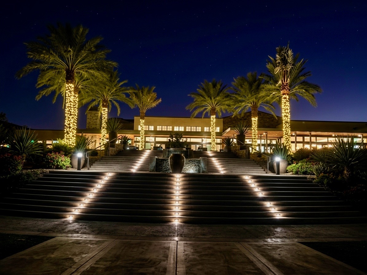 Resort hotel entrance with palm trees wrapped in warm lights and illuminated steps at night in Phoenix