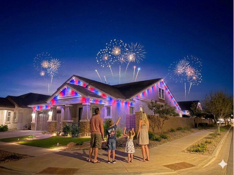 Permanent trim lights in red, white, and blue for the 4th of July on a Phoenix home