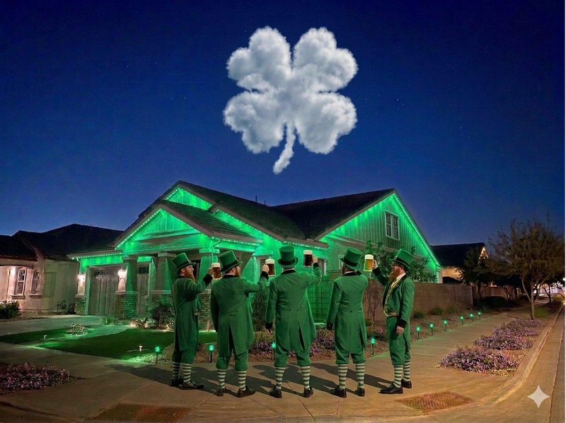 Phoenix home with green permanent trim lighting for St. Patrick's Day